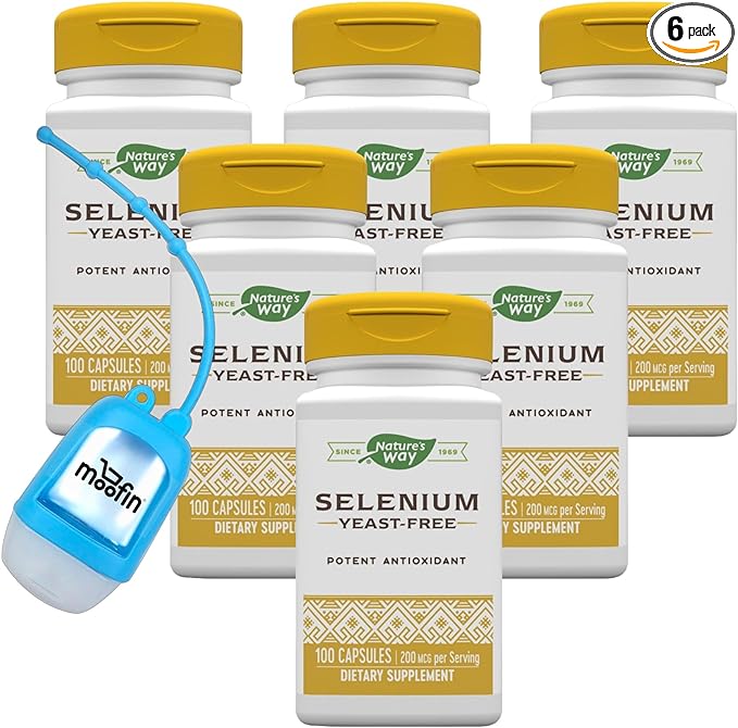 Selenium 200 mcg Capsules, Antioxidant Support with Organic L Selenomethionine, Immune & Thyroid Function, 60 Servings - includes Moofin Hand Sanitizer Dispenser, [Pack of 6]