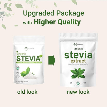 Pure Organic Stevia Powder, 8 Ounces, 1418 Serving, High Grade Stevia Green Leaf Extract Reb-A, Reduced Bitter Aftertaste, 0 Calorie, Natural Sweetener, Sugar Alternative, Keto Friendly