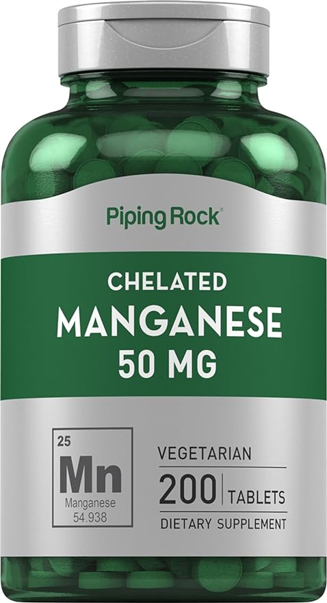 Chelated Manganese | 50 mg | 200 Tablets | Manganese Gluconate Supplement | Vegetarian, Non-GMO, Gluten Free | by Piping Rock