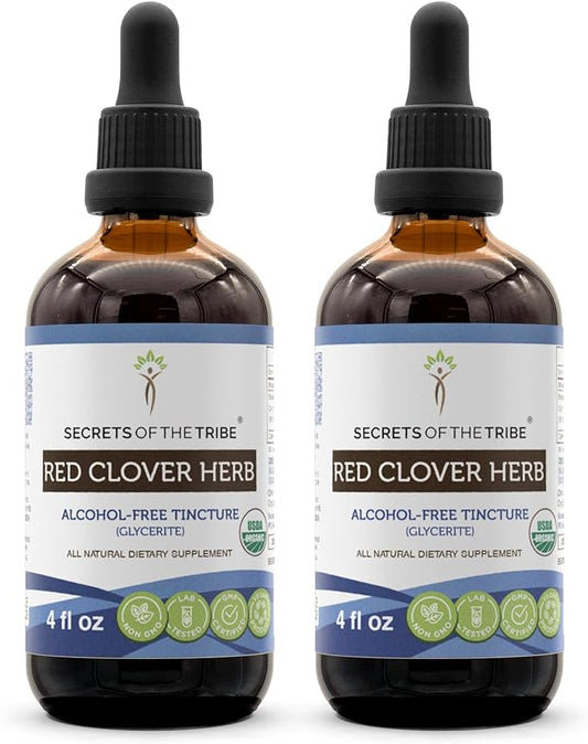 Secrets of the Tribe Red Clover Herb Alcohol-Free Liquid Extract, USDA Organic Red Clover Herb (Trifolium Pratense) Dried Leaf and Flower (2x4 FL OZ)