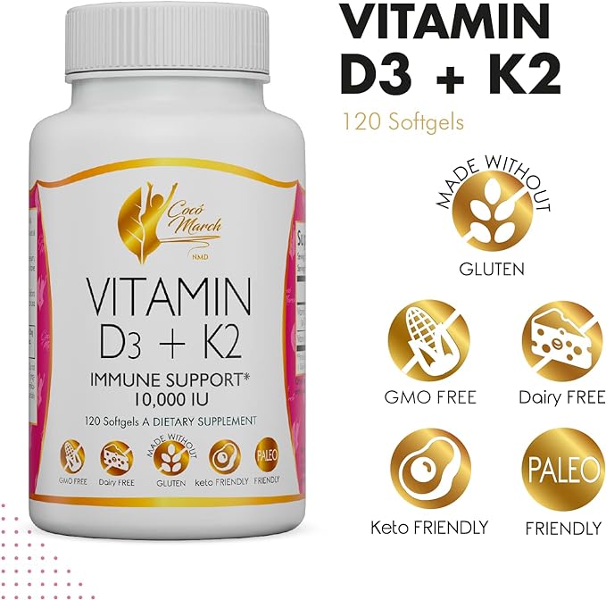 Coco March Vitamin D3+K2 10,000 IU - 4 Month Supply HIGH Potency - Immune & Joint Health Gluten Free, GMO Free, Dairy Free, Keto Friendly, Paleo Friendly, 250 mcg of D3-180 mcg of Vitamin K2