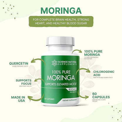 Moringa Capsules (60 Count) - Moringa Powder Capsules Packed with Essential Vitamins and Antioxidants - Moringa Capsule for Brain Support - Moringa Leaf Capsules