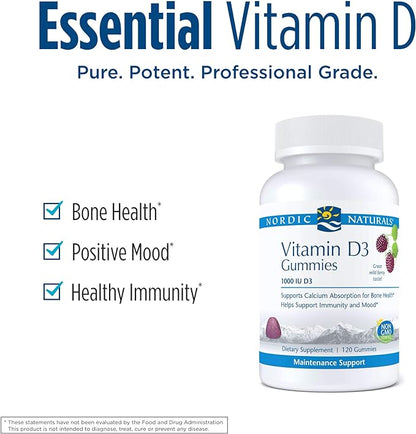 Nordic Naturals Pro Vitamin D3 Gummies, Wild Berry - 120 Gummies - 1000 IU Vitamin D3 - Great Taste - Healthy Bones, Mood & Immune System Function - Non-GMO - 120 Servings