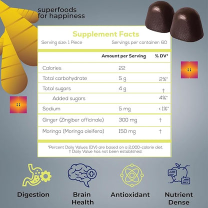 Moringa Gummies with Ginger & Natural Cane Sugar - 2 Month Supply - Chewable Vitamins for Adults, Supplement Made with Real Vegetables, Plant-Based, Vegan, Gluten-Free, Non-GMO Gummy Vitamins