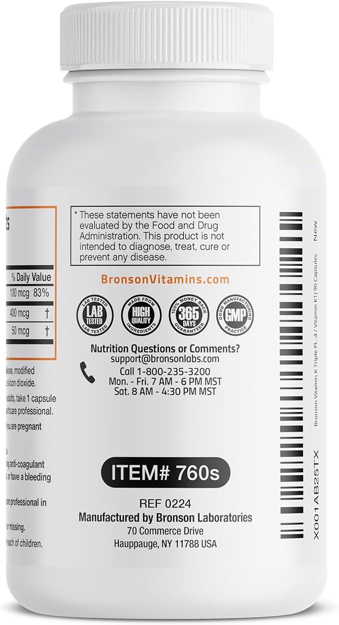 Bronson Vitamin K Triple Play (Vitamin K2 MK7 / Vitamin K2 MK4 / Vitamin K1) Full Spectrum Complex Vitamin K Supplement, 90 Capsules