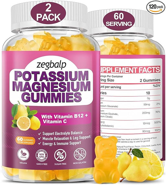 Sugar Free Potassium Magnesium Gummies for Adults Potassium Citrate with Magnesium Glycinate, Citrate, Vitamin B6 & C Supplement Supports Leg, Muscle, Mood, Energy & Immune (120 Counts)