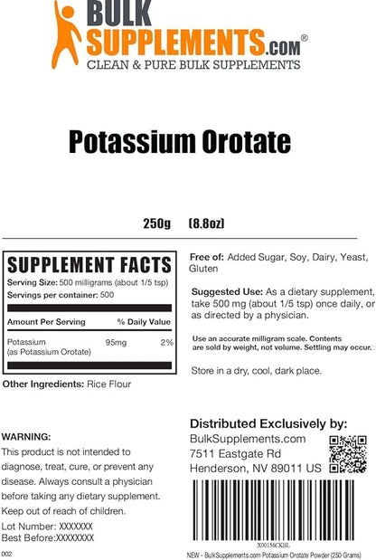 BulkSupplements.com Potassium Orotate Powder - Potassium Supplement, Potassium Orotate 500mg, Potassium Powder - Gluten Free, 500mg (95mg Potassium) per Serving, 250g (8.8 oz) (Pack of 1)