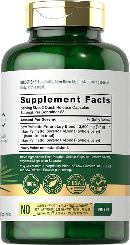 Carlyle Saw Palmetto Extract | 3600mg | 250 Capsules | Non-GMO and Gluten Free Formula from Saw Palmetto Berries