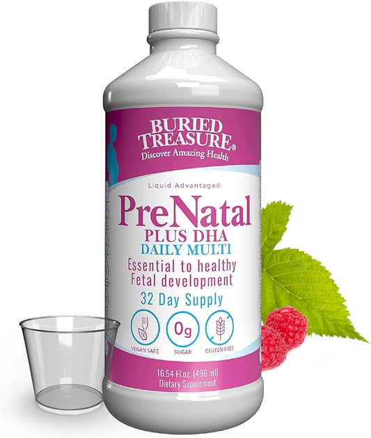 Buried Treasure Prenatal Plus DHA Complete, 16 oz Orange Banana Flavor, High Potency Liquid Formula Supplement for Before, During, Post Pregnancy, Natural DHA Omega3 Iron Vegetarian Safe w/Dose Cup