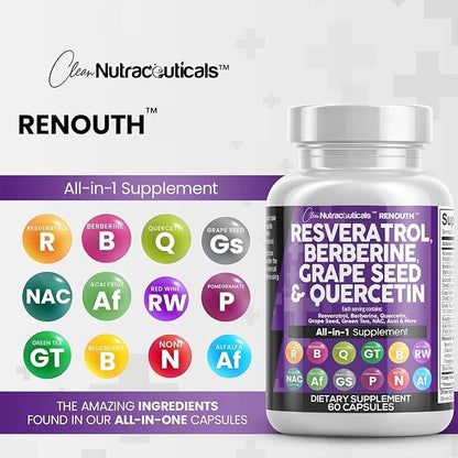 Resveratrol 6000mg Berberine 3000mg Grape Seed Extract 3000mg Quercetin 4000mg Green Tea Extract - Polyphenol Supplement for Women and Men with N-Acetyl Cysteine, Acai Extract - 60 Capsules