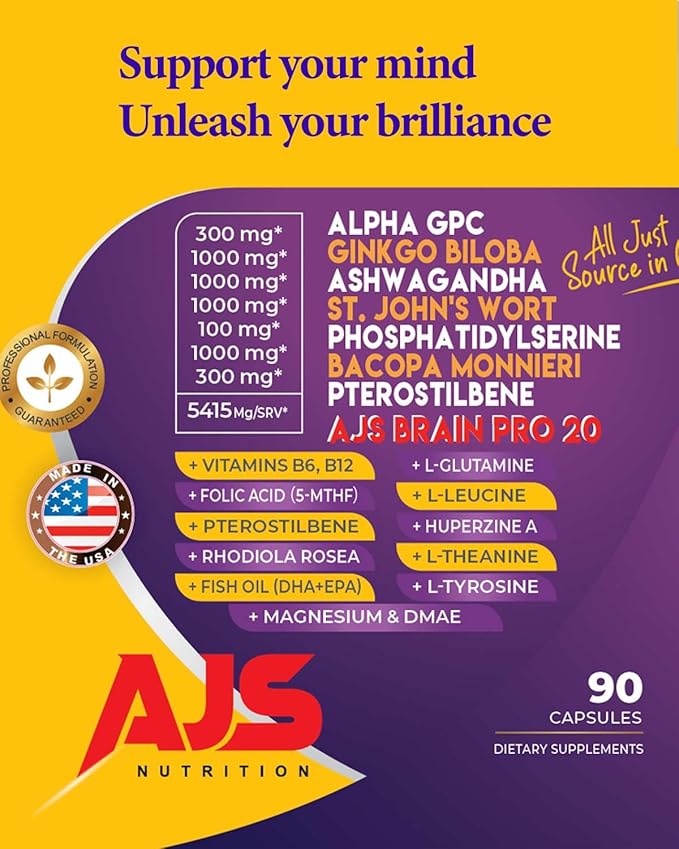 AJS Alpha GPC Nootropic Brain Supplement,Phosphatidylserine,St. John's Wort Ginkgo Biloba,Ashwagandha,Bacopa Monnieri,Pterostilbene,Magnesium Glycinate,Ginkgo Biloba,5-MTHF,Huperzine A 90 CT