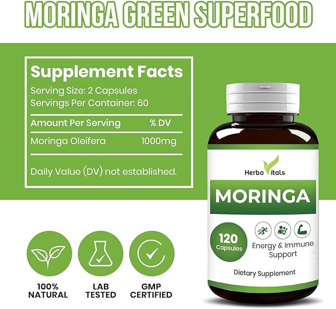 Moringa Supplement 500 mg/Natural Superfood for Immune System,Energy & Rich in Vitamins and Minerals 120 Capsules