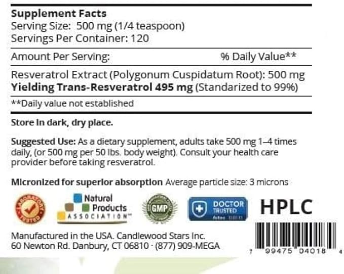 Mega Resveratrol Powder, Pharmaceutical Grade, 99% Pure Micronized Trans-Resveratrol, 60 Grams Powder, Purity Certified. Excipients Free.