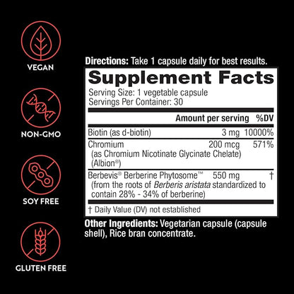 Berberine, 550 mg Berbevis Berberine Phytosome Plus Biotin and Chromium, Enhanced Absorption, Gluten-Free, Vegan, 30 Veggie Caps