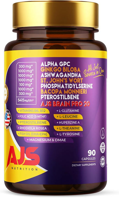 AJS Alpha GPC Nootropic Brain Supplement,Phosphatidylserine,St. John's Wort Ginkgo Biloba,Ashwagandha,Bacopa Monnieri,Pterostilbene,Magnesium Glycinate,Ginkgo Biloba,5-MTHF,Huperzine A 90 CT