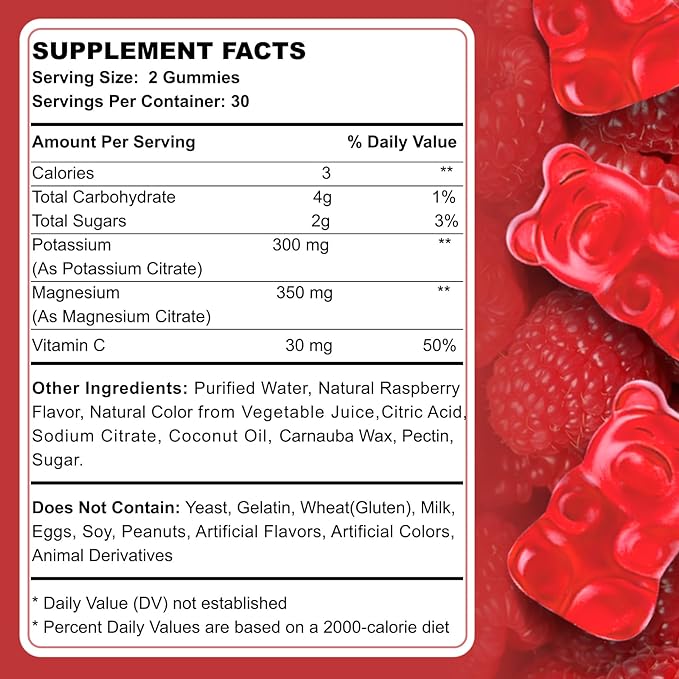 Potassium Magnesium Gummies for Adult Kids High Absorption Leg Cramps & Muscle Health Immune Health Raspberry Magnesium Gummies Chewable Gummy Supplement Vegan Non-GMO