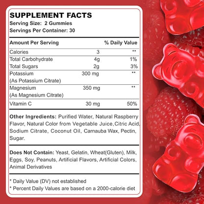 Potassium Magnesium Gummies for Adult Kids High Absorption Leg Cramps & Muscle Health Immune Health Raspberry Magnesium Gummies Chewable Gummy Supplement Vegan Non-GMO