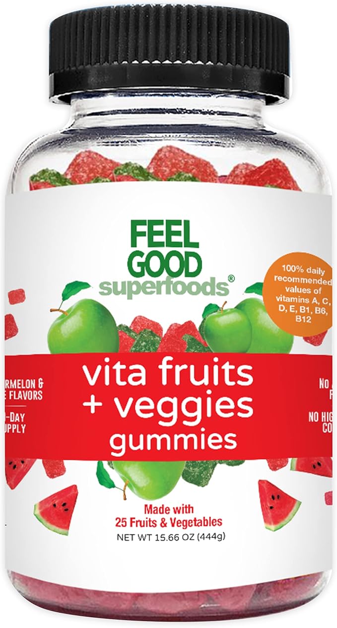 Vita Fruits and Veggies Supplements, Multivitamin Fruit and Vegetable Gummies, 25 Fruits and Vegetables, Watermelon and Apple Flavors, Vegan, Non-GMO, 60 Count