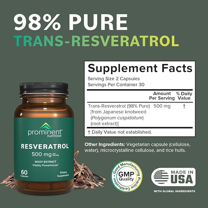 Resveratrol - 98% Pure Trans-Resveratrol from Japanese Knotweed, Highly Purified Antioxidant Supplement with Anti-Aging and Immune Support, 500 mg Per Serving, 1-Month Supply