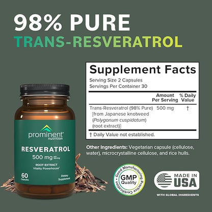 Resveratrol - 98% Pure Trans-Resveratrol from Japanese Knotweed, Highly Purified Antioxidant Supplement with Anti-Aging and Immune Support, 500 mg Per Serving, 1-Month Supply