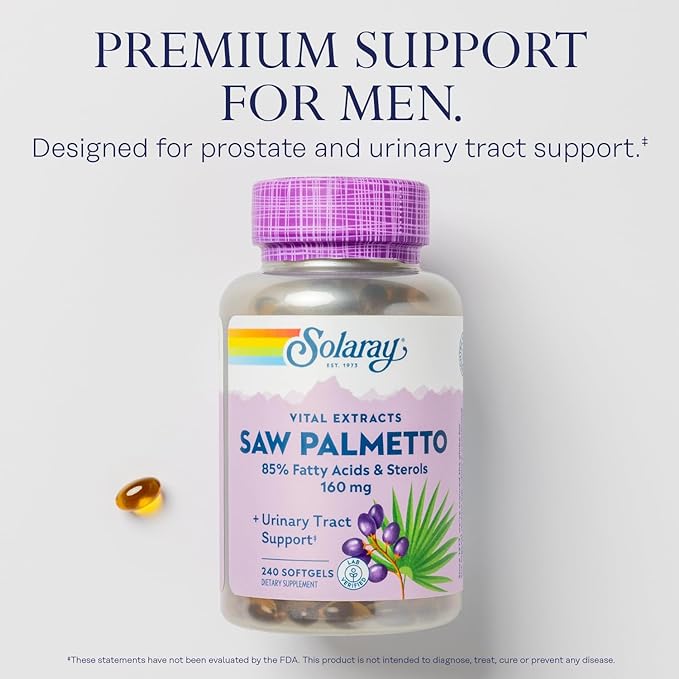 SOLARAY Saw Palmetto Extract - Prostate Health and Urinary Tract Support - 136 mg Fatty Acids and Sterols - Lab Verified, 60-Day Money-Back Guarantee (240 Servings, 240 Softgels)