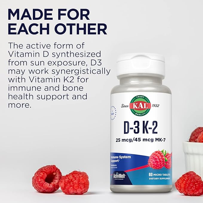 Kal 1000 Iu D-3 & K2 Tablets, Raspberry, 60 Count (Pack of 1)