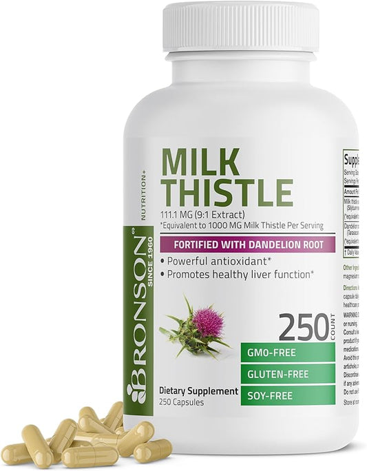 Bronson Milk Thistle Silymarin Marianum & Dandelion Root Liver Health Support, Antioxidant Support, Detox, 250 Capsules