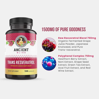 Ancient Bliss Resveratrol Powerful Antioxidant Supplement with Green Tea, Grape Seed Extract, Cardiovascular, Vitality & Immune Support Supplement for Men & Women