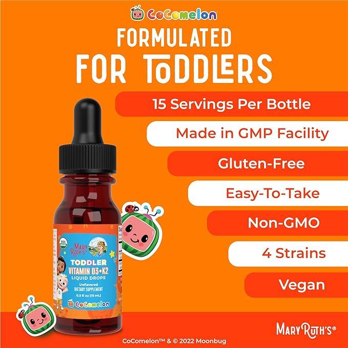 MaryRuth Organics CoComelon Vitamin D3 K2 Liquid Drops for Toddlers | Vitamin K2 D3 Supplement for Kids Ages 1-3 | Calcium Absorption | Strong Bones | USDA Organic | Sugar Free | 15 mL