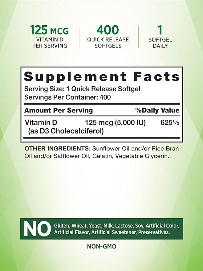 Nature's Truth Vitamin D3 5000 IU | 400 Softgels | High Potency | Non-GMO & Gluten Free Supplement