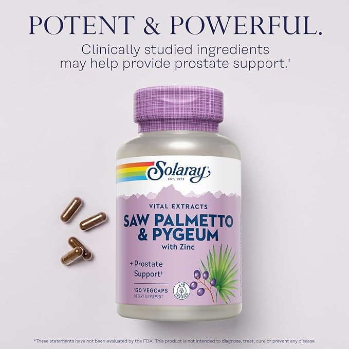 SOLARAY Saw Palmetto and Pygeum - Saw Palmetto for Men and Pygeum Bark - with Zinc, Vitamin B6, Pumpkin Seed and Amino Acids - Prostate Supplements for Men w/Beta Sitosterol (120 VegCaps)