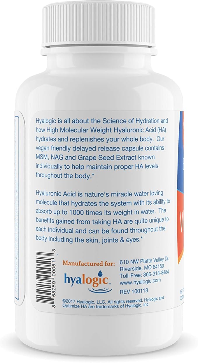 Hyalogic Hyaluronic Acid 120 mg delayed release capsules | Combo Formula w/Glucosamine MSM | Support Healthy Joints, Eyes and Skin and overall Body | Promote Healthy Skin | Non-GMO (30 count)