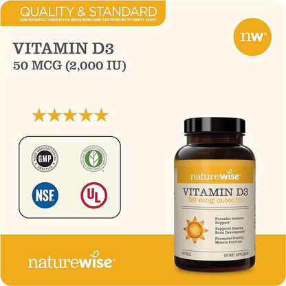 NatureWise Vitamin D3 2000iu (50 mcg) Healthy Muscle Function, and Immune Support, Non-GMO, Gluten Free in Cold-Pressed Olive Oil, Packaging Vary (Mini Softgel), 90 Count