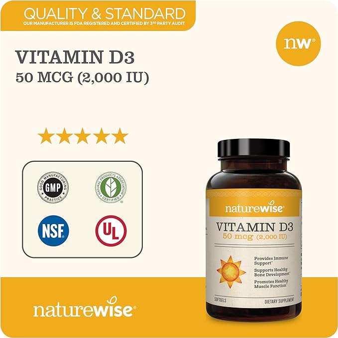 NatureWise Vitamin D3 2000iu (50 mcg) Healthy Muscle Function, and Immune Support, Non-GMO, Gluten Free in Cold-Pressed Olive Oil, Packaging Vary (Mini Softgel), 200 Count