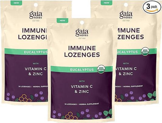 Gaia Herbs Immune Lozenges - Immune Support Lozenges - USDA Certified Organic - Vitamin C, Zinc - Eucalyptus Flavor - 3 Pack, 72 Lozenges