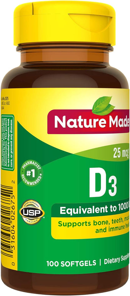 Nature Made Vitamin D3 1000 IU (25 mcg), Dietary Supplement for Bone, Teeth, Muscle and Immune Health Support, 100 Softgels, 100 Day Supply