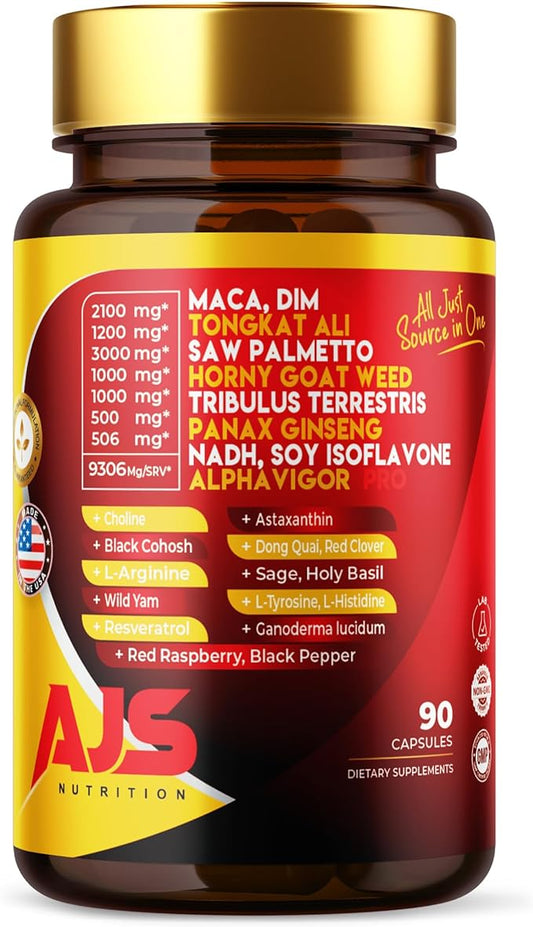 AJS Maca Root 2100 mg Tribulus Terrestris, Epimedium Extract, Saw Palmetto, Longjack,Panax Ginseng, Soy Isoflavone, Black Cohosh, DIM, L-Arginine, NADH,Wild Yam, Resveratrol 20 in 1 90CT