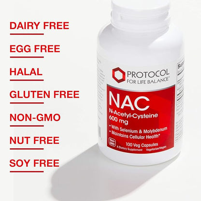 Protocol NAC 600mg - N-Acetyl-Cysteine with Molybdenum & Selenium - For Glutathione Synthesis, Cellular & Lung Health* - Amino Acid Supplement - Made Without Gluten, Dairy-Free, Non-GMO - 100 Veg Caps