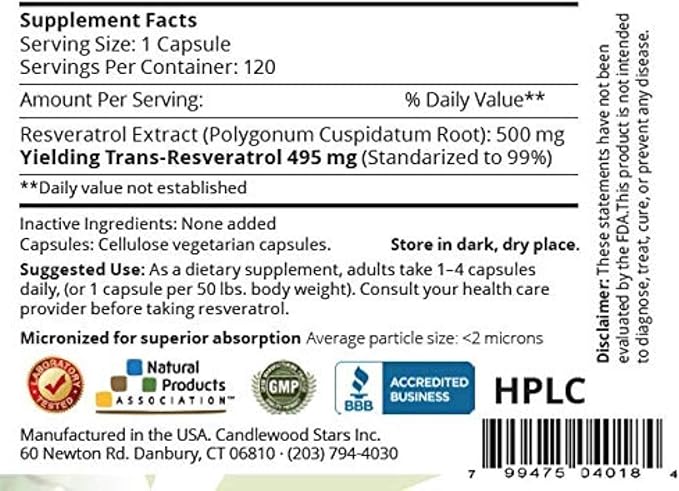 Mega Resveratrol, Pharmaceutical Grade,99% Pure, Isolate, Micronized Trans-Resveratrol, 120 Veggie Caps, 500mg per Capsule. Purity Certified. Absolutely NO Toxic “inactive” Ingredients Added.