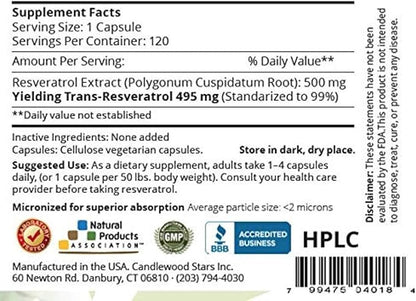 Mega Resveratrol, Pharmaceutical Grade,99% Pure, Isolate, Micronized Trans-Resveratrol, 120 Veggie Caps, 500mg per Capsule. Purity Certified. Absolutely NO Toxic “inactive” Ingredients Added.