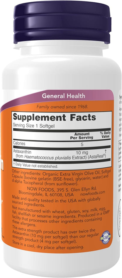 NOW Supplements, Astaxanthin 10mg, Extra Strength,derived from Non-GMO Haematococcus Pluvialis Microalgae and has naturally occurring Lutein, Canthaxanthin and Beta-Carotene, 60 Softgels