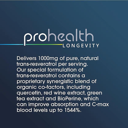 ProHealth 1,000 mg Trans-Resveratrol. 99.5% Pure, 15X Better Absorption from 420mg Polyphenol Complex (Quercetin, Red Wine & Green Tea, BioPerine) (1000mg Per 2-Capsule Serving) (60 Capsules) 3 Pack