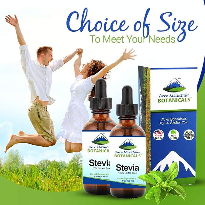 Pure Mountain Botanicals Liquid Stevia Drops - Natural Sweetener - Concentrated Sugar Free Substitute Diabetic Friendly Ideal for Keto Low Carb and Vegan Diet Great Addition to Weight Loss Program