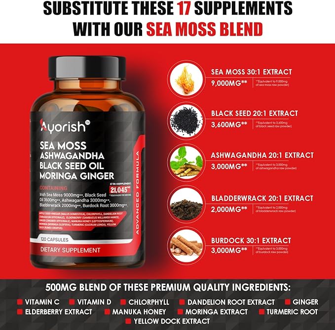 Sea Moss 9000mg Black Seed Oil 3600mg Ashwagandha 3000mg Bladderwrack 2000mg Burdock 3000mg, Vitamin C & D3 with Elderberry Manuka Dandelion Yellow Dock Chlorophyll ACV Moringa Ginger 120 Caps