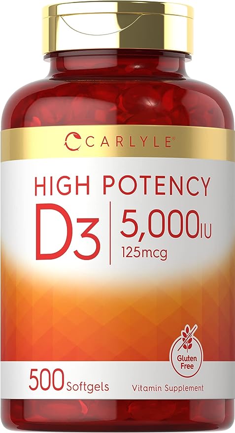 Carlyle Vitamin D3 5000 IU Softgels | 500 Count | Value Size | Non-GMO and Gluten Free Supplement | High Potency Formula | 125mcg