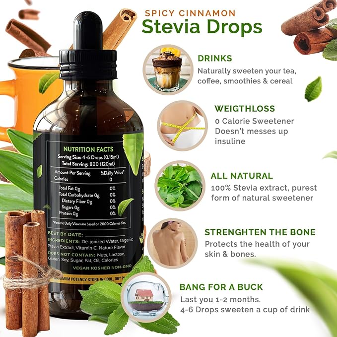 Cinnamon Liquid Stevia Drops (4oz) Bottle Our Zero Calories Sweetener (800 Servings) All Natural flavoring with No Artificial Additives & Filler Ingredient