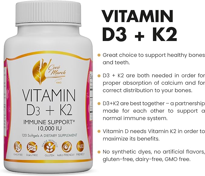 Coco March Vitamin D3+K2 10,000 IU - 4 Month Supply HIGH Potency - Immune & Joint Health Gluten Free, GMO Free, Dairy Free, Keto Friendly, Paleo Friendly, 250 mcg of D3-180 mcg of Vitamin K2