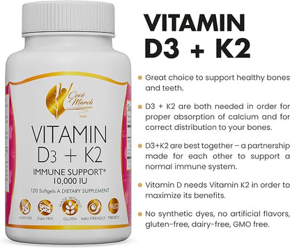 Coco March Vitamin D3+K2 10,000 IU - 4 Month Supply HIGH Potency - Immune & Joint Health Gluten Free, GMO Free, Dairy Free, Keto Friendly, Paleo Friendly, 250 mcg of D3-180 mcg of Vitamin K2