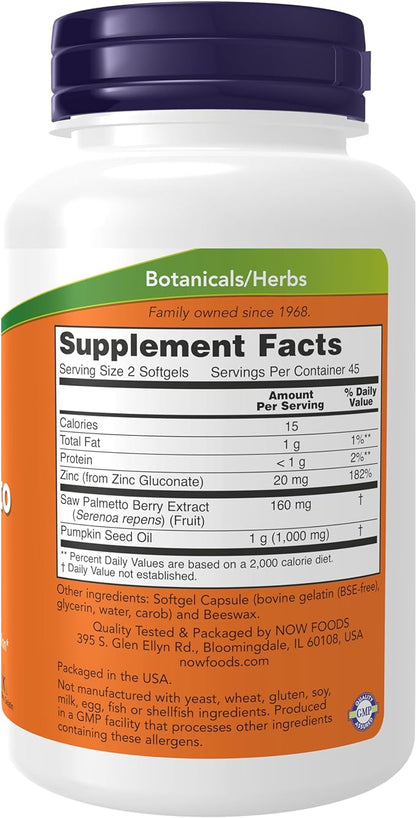 NOW Supplements, Saw Palmetto Extract with Pumpkin Seed Oil and Zinc, Men's Health*, 90 Softgels