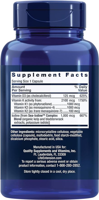 Life Extension Vitamins D and K with Sea-Iodine, vitamin D3, vitamin K1 and K2, iodine, supports immune, bone, arterial and thyroid health, non-GMO, gluten-free, 60 capsules